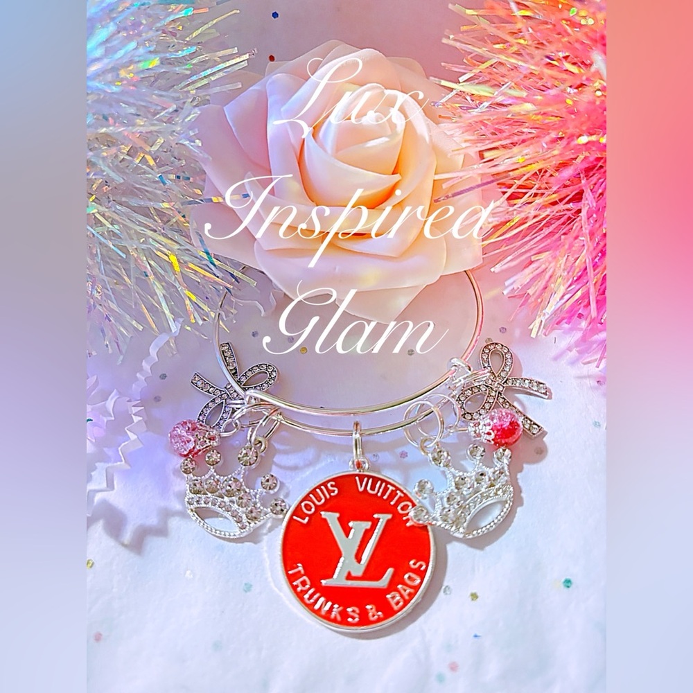 Silver bangle bracelet/red circle/gift ideas/rhinestone bows/red crystals
